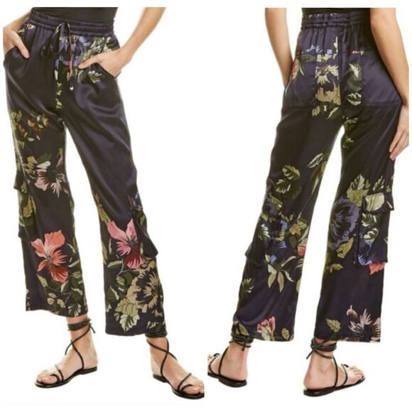 Johnny Was Pants - Johnny Was Biya Navy Blue Multi Silk Floral Wide Leg Cargo  Chiome Pants Small